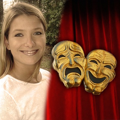 Smiling blonde woman alongside comedy and tragedy theater masks